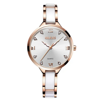 OLEVS 5872 White And RoseGold Ceramic Steel Analog Watch For Women - RoseGold & White